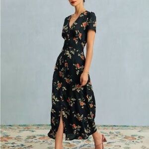 The Black V Neck Floral Short Sleeve Maxi Dress Black / M NWT